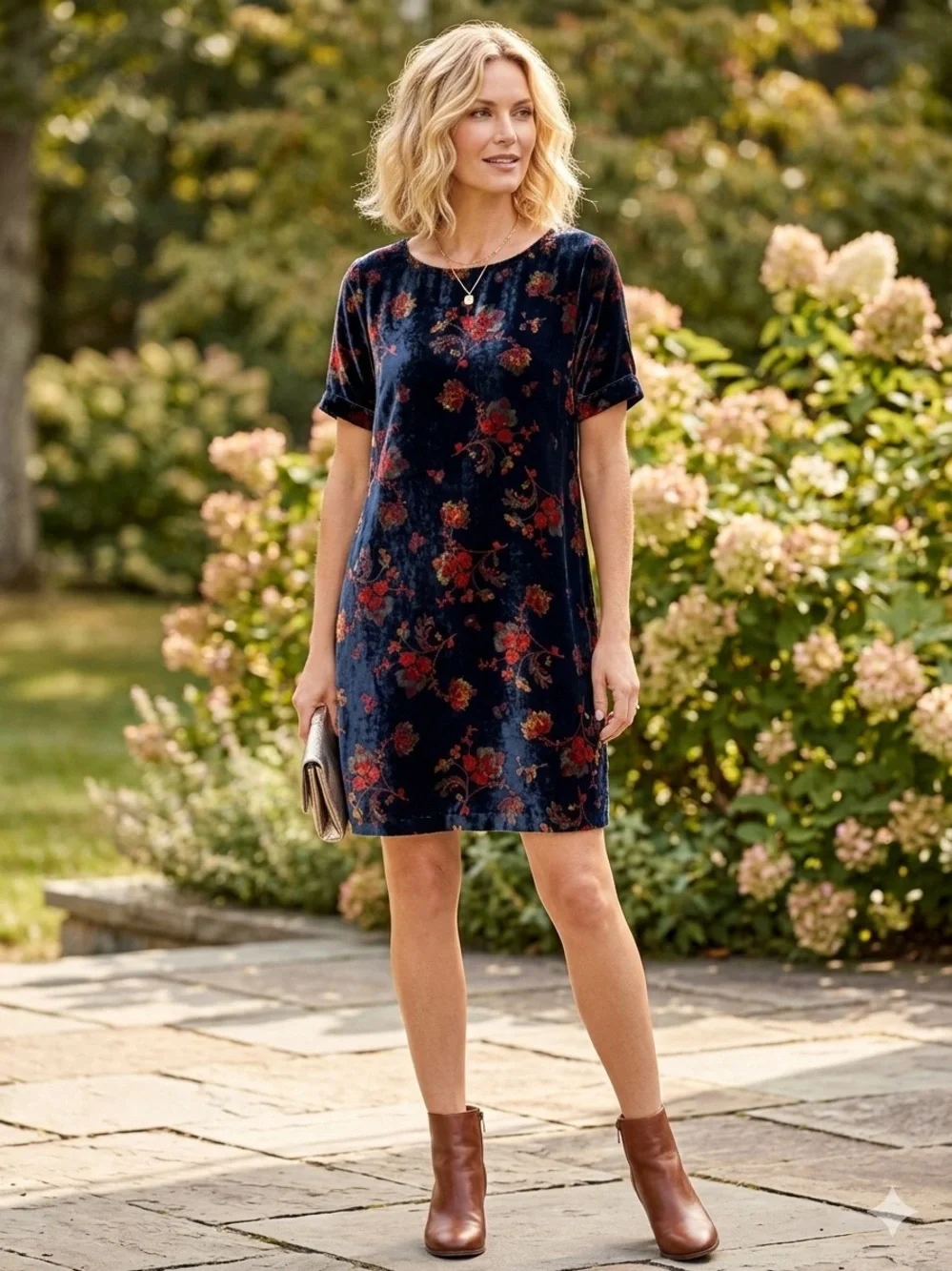 LOFT Navy Velvet Floral Mini Dress with Red Accents - Picture 1 of 8